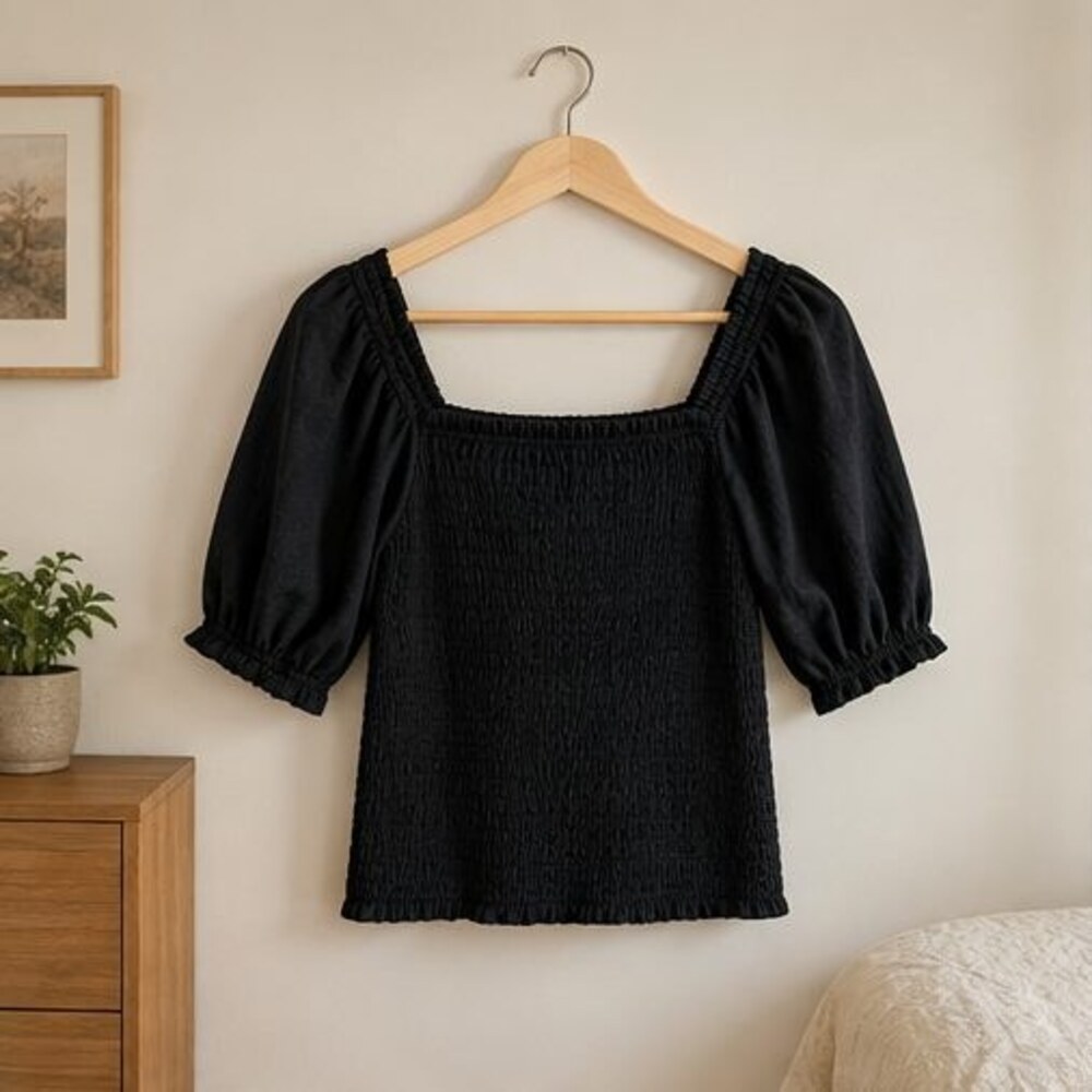 Black Smocked Puff Sleeve Top